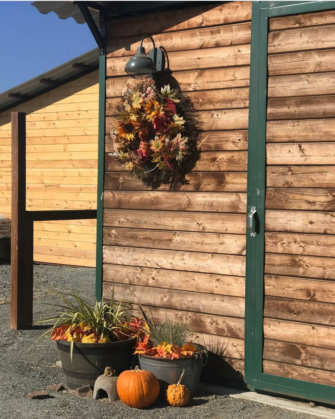 The right side photos shows the edge of the barn decorated for fall with pumpkins.
